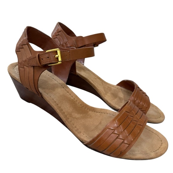 Lauren Ralph Lauren Brown Leather Woven Sandals Wood Heel Size 10 - Picture 11 of 11